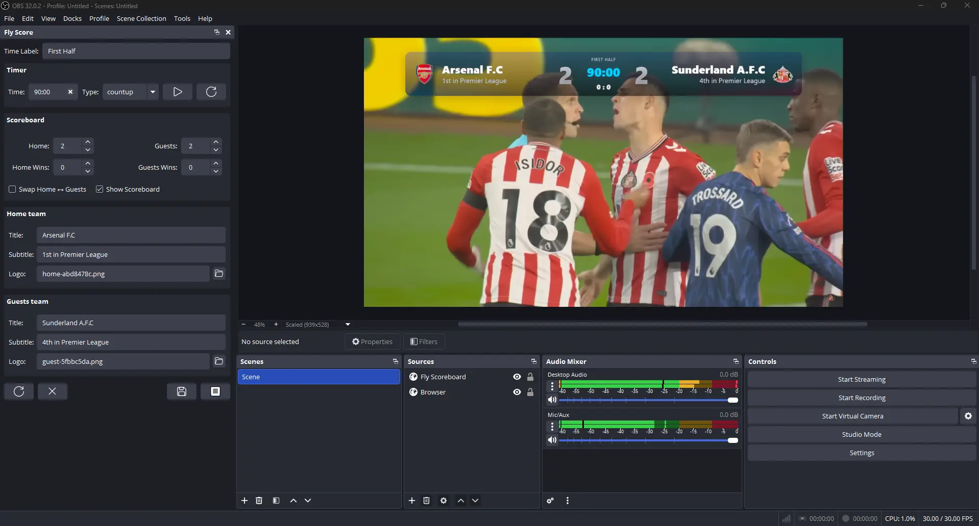 Fly Scoreboard overlay preview in OBS