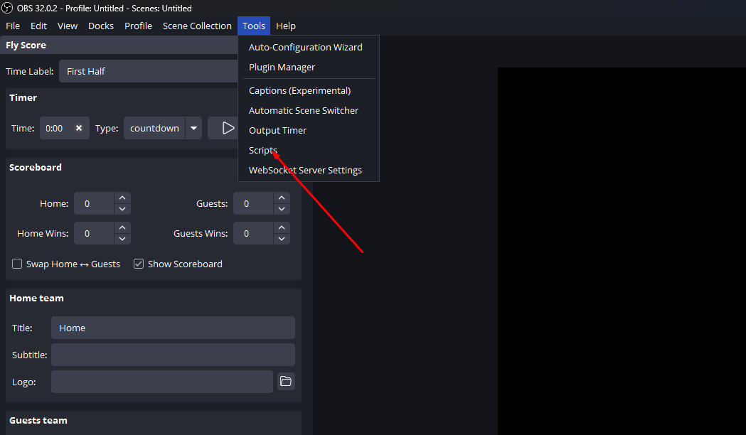 Open the Scripts window in OBS